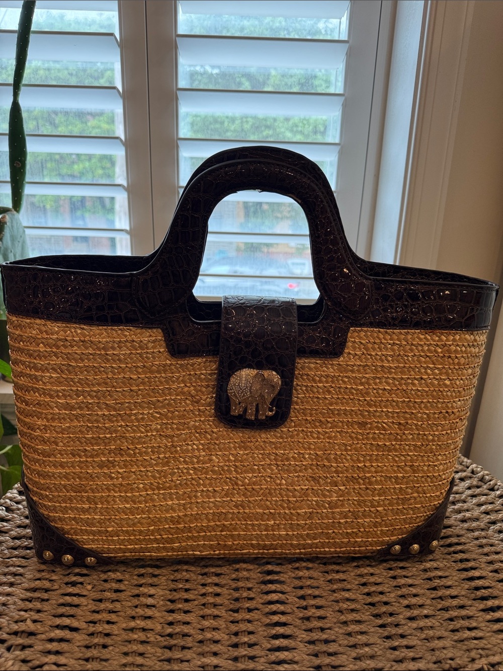 Woven Straw Tote with Dark Brown Croc-Effect Trim and Elephant Accent